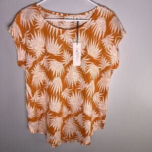 NWT Rachel Zoe Womens Linen Leaf Print Cap Sleeve Tee Sz XL Orange Beach Resort